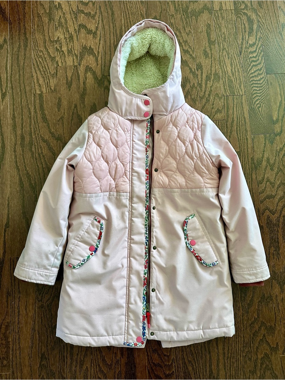 Mini Boden Cozy Quilted Parka - Light Pink Floral, Hooded Winter Coat